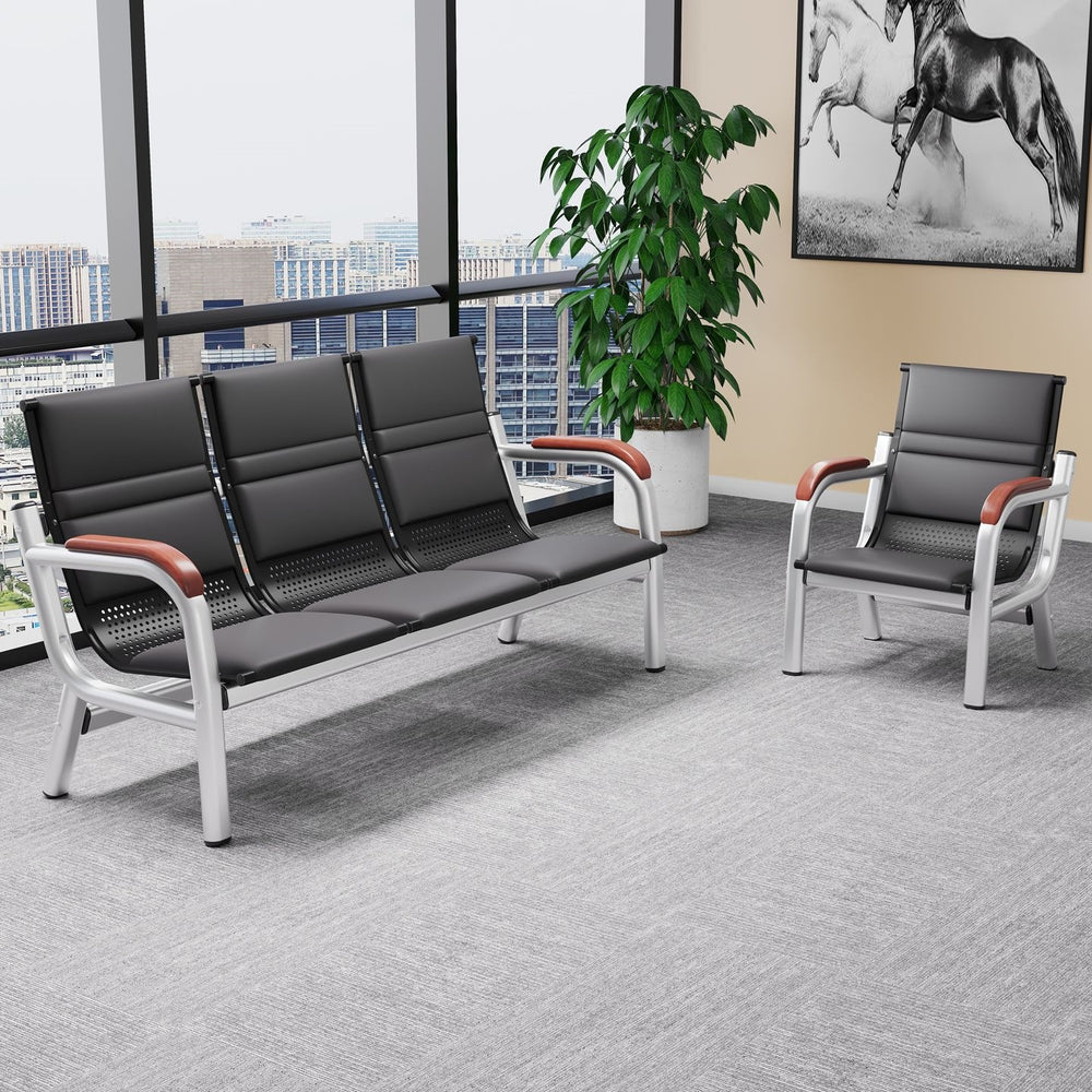Office sofa and coffee table set - minimalist modern reception desk with iron frame, business three-seater sofa