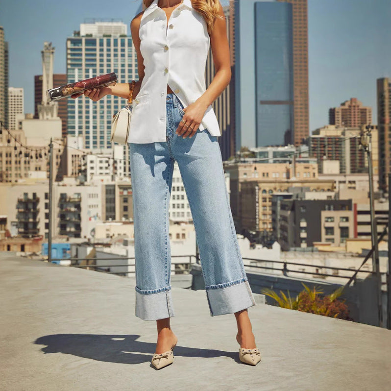 European and american stretch jeans for women,  new arrival, hot selling fashionable streetwear style, rolled hem straight leg washed denim jeans