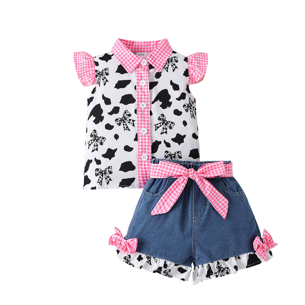 Children's clothing  cross-border fashion pink plaid printed pattern tops denim