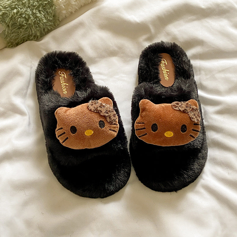 Cartoon kitty cat fuzzy one-strap cotton slippers - new autumn/winter collection for women, thickened outdoor/indoor warm slippers