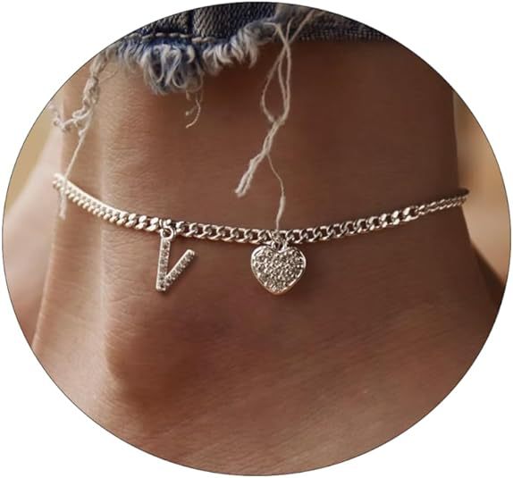 Amazon exquisite silver initial anklet - minimalist personalized letter anklet with cz heart cuban chain