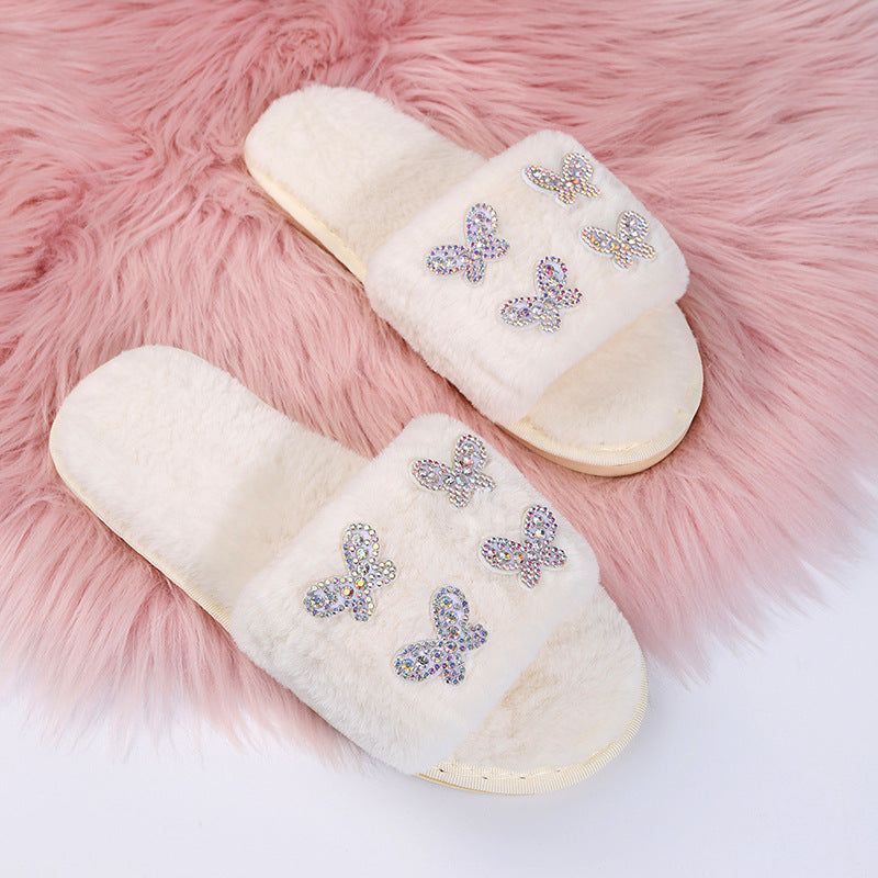 2024 new fuzzy slippers - autumn/winter butterfly slides, wholesale cotton house slippers with rhinestone embellishments, women's plush slippers for outdoor wear