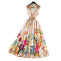 European and american retro court style v-neck sleeveless fashion placement print cinched waist slimming single-breasted long dress - spring collection