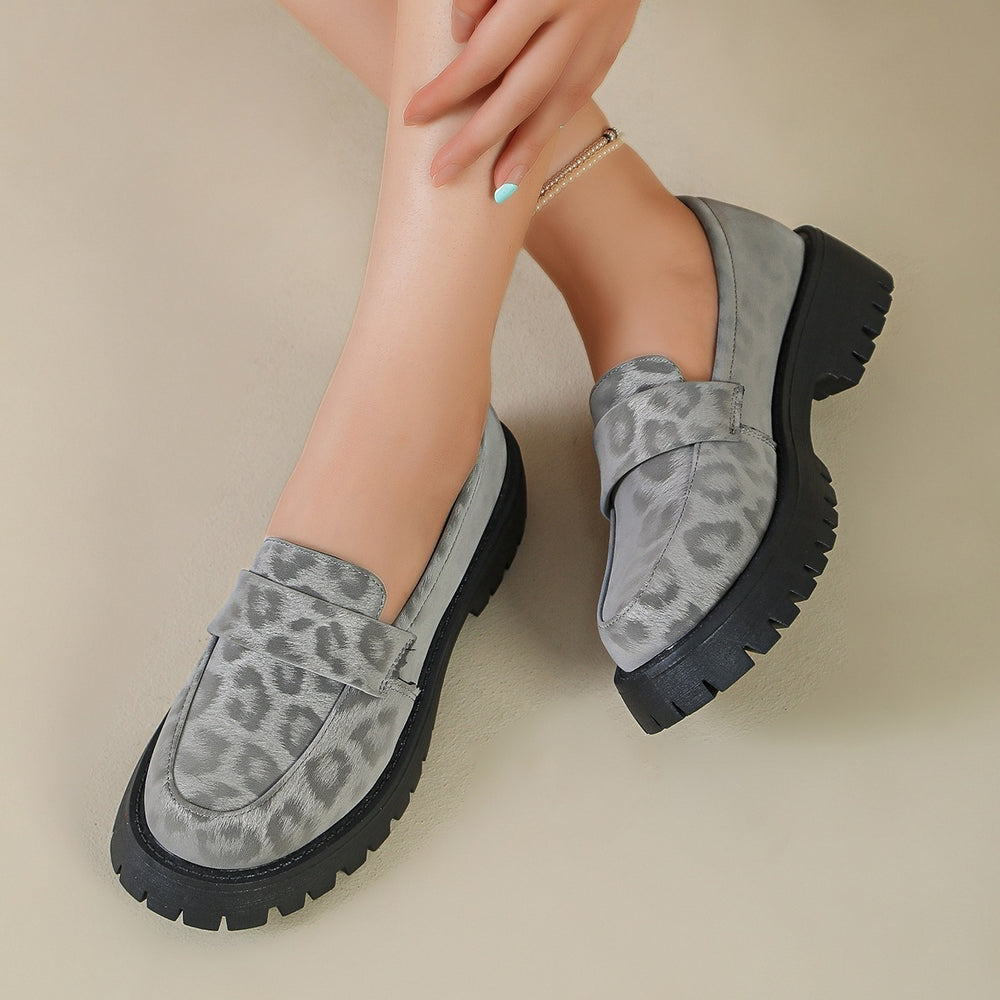 Wholesale women's chunky sole leopard print loafers -  spring/autumn new collection, british style, color block, round toe, plus size