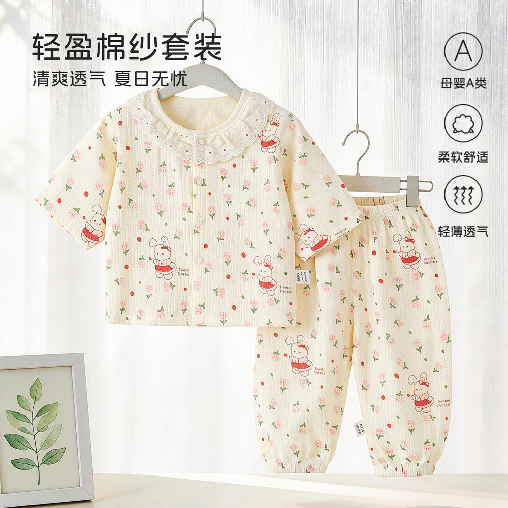 Class a pajamas gauze pure cotton spring summer thin baby air-conditioning home clothes 7-quarter sleeves + pants kidssuit