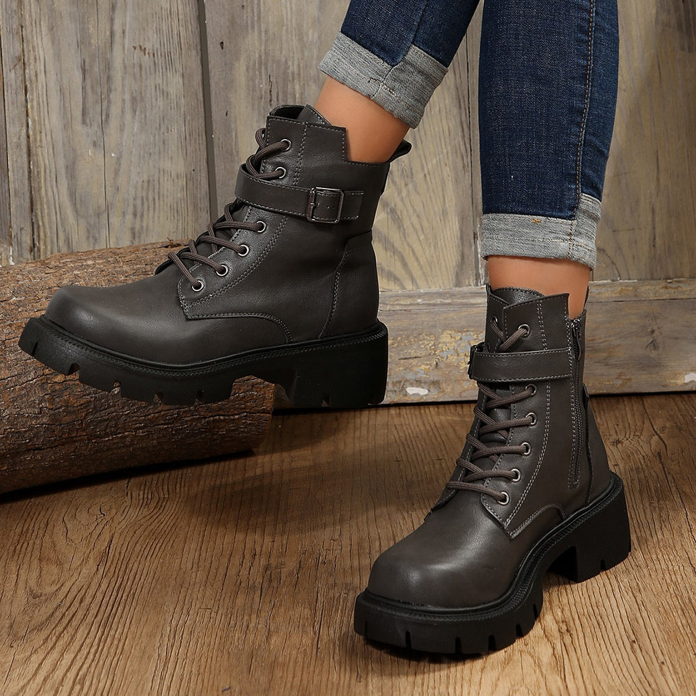 Thick sole round toe boots women's belt buckle thin velvet short boots fall and winternew arrival side zipperexportplus size leather boots