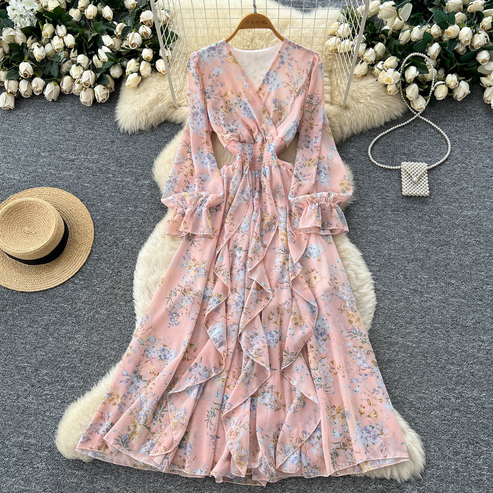 French retro v-neck long sleeve floral chiffon dress - women's  autumn collection - cinched waist, elegant ruffle hem maxi dress