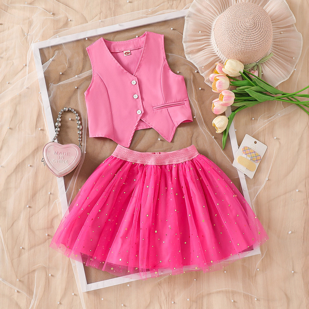 hot-selling  export fashion two-piece set: sweet & cool vest with starry tulle princess dress