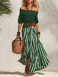 spring/summer new european and american cross-border nautical resort style off-shoulder top and slit skirt women's set