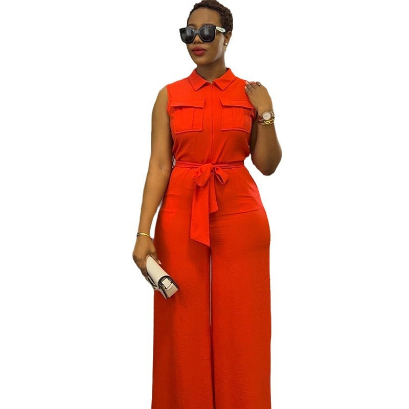 Ready-to-ship european and american women's clothing:  summer new arrival - turn-down collar, pocketed, cinched waist, loose wide-leg sleeveless jumpsuit