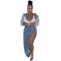 European and american style denim skirt  women's fashion hot girl eyelet tie closure slit long skirt
