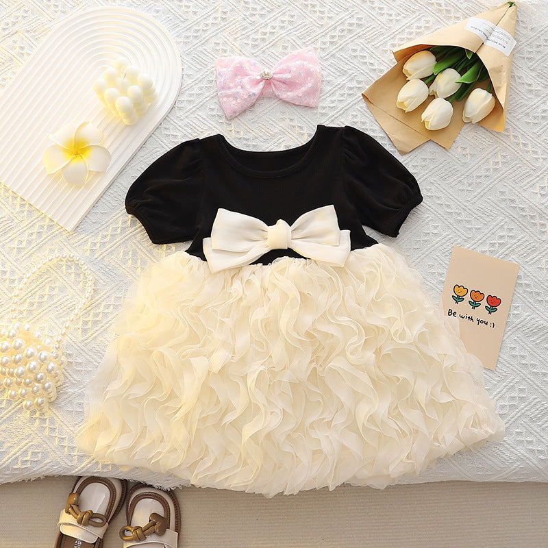 Girls' dress  summer new arrival: 3d bow, bubble sleeves, mesh, kids' princess dress - stylish and cute