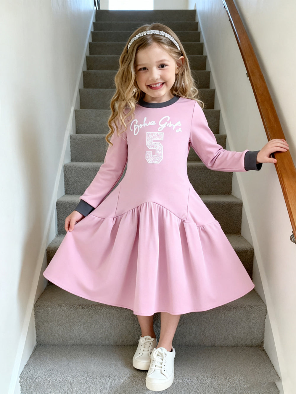 Export kidsdresspinkcasual sports style gridsletterprintingpatchworkpleated umbrella skirt girl long skirt