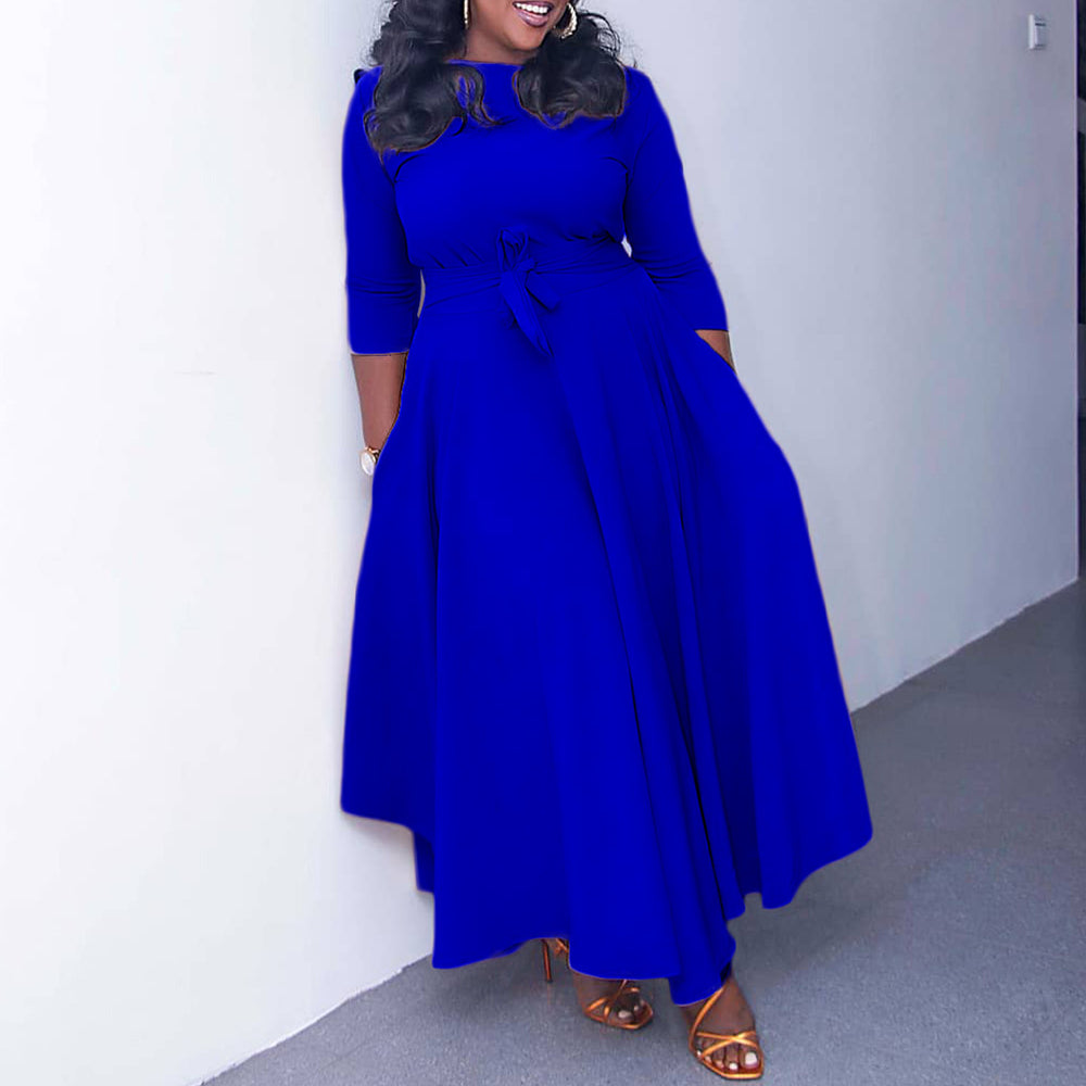 Q099 cross-border women's fashion:  autumn/winter new collection - elegant tie-waist african-style plus size midi dress for export