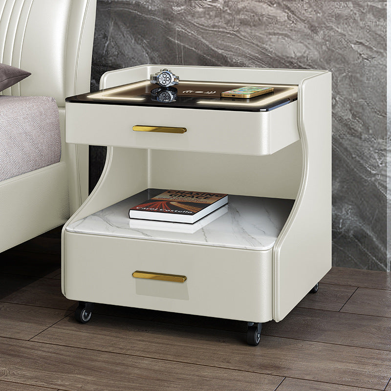 Italian smart bedside table minimalist modern leather bedroom wireless charging popular minimalist storage cabinet high-end rock slab