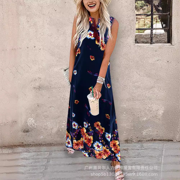 LHZY2068A3 European and American new round neck strap positioning pattern sleeveless casual dress