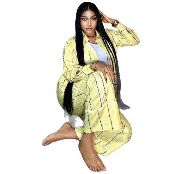 European and American large-size women's striped cardigan lapel long-sleeved shirt wide-leg pants African women's casual foreign style two-piece set