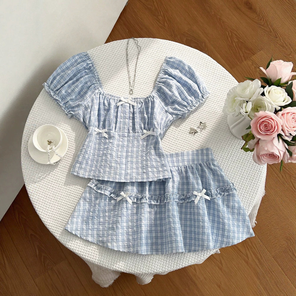 In-stock - 95333#  cross-border summer women's plaid puff sleeve blouse & a-line skirt two-piece set