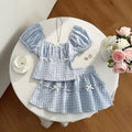 In-stock - 95333#  cross-border summer women's plaid puff sleeve blouse & a-line skirt two-piece set