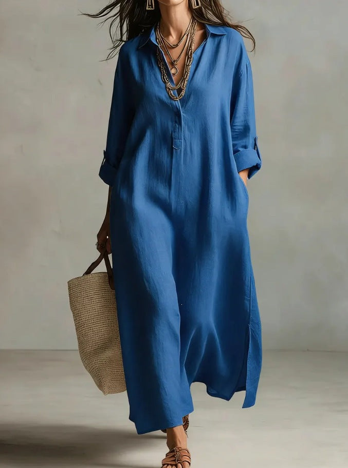 fashion spring and summer new arrivaldresspure color lapel casuallong sleevesshirt skirt lazy style cotton and linen