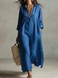 fashion spring and summer new arrivaldresspure color lapel casuallong sleevesshirt skirt lazy style cotton and linen