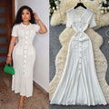 French chic single-breasted knit dress - women's summer short sleeve cutout slim fit elegant maxi dress