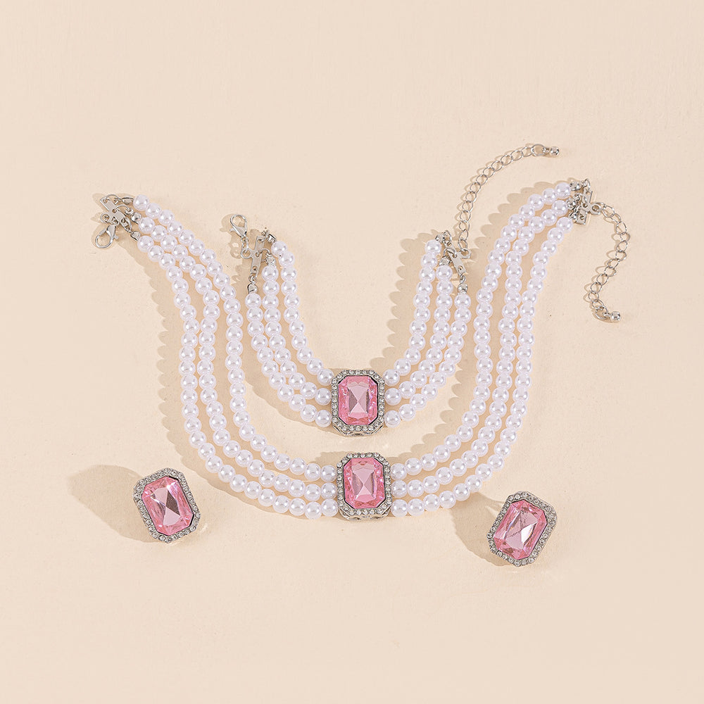Imitation pearl necklace set wholesale - european & american cross-border jewelry - statement luxury gemstone choker necklace - vintage ring & bracelet set