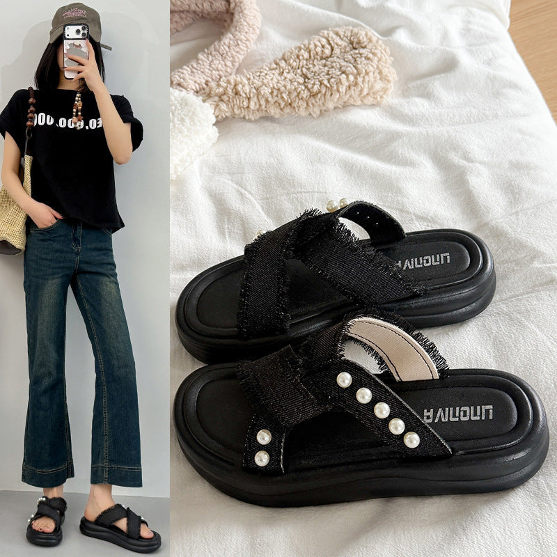 Thick sole denim pearl cross strap slippers women's summernew arrivalniche style design fashioneasiest for matchoutwear women's one-line slippers