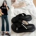Thick sole denim pearl cross strap slippers women's summernew arrivalniche style design fashioneasiest for matchoutwear women's one-line slippers