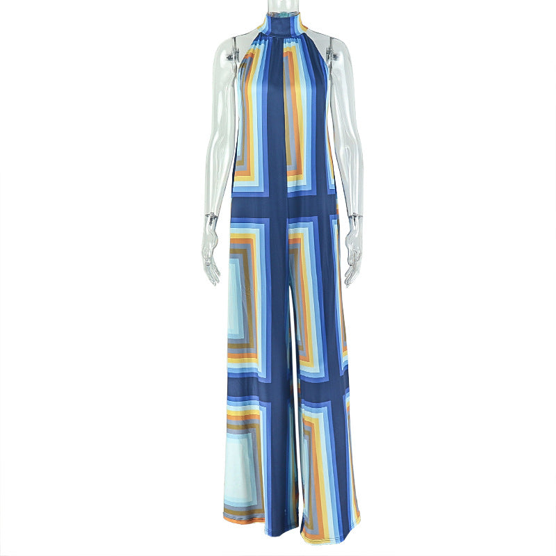 European and american style cross-border fashion women's summer color block print jumpsuit high neck sleeveless loose long romper