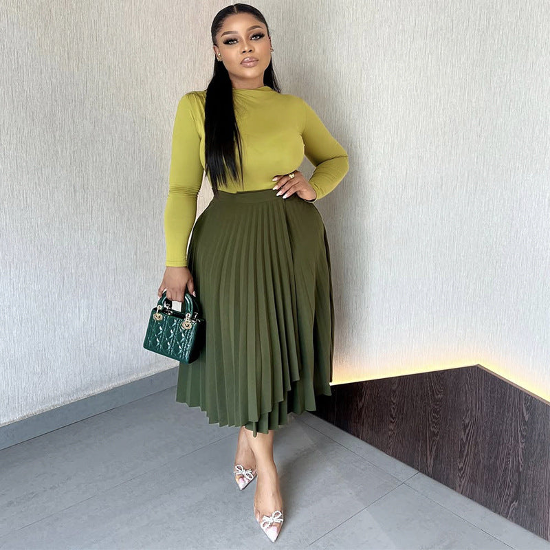 European and American  women's clothing 2025 autumn new fashionable and elegant solid color turtleneck slim-fitting splicing pleated dress