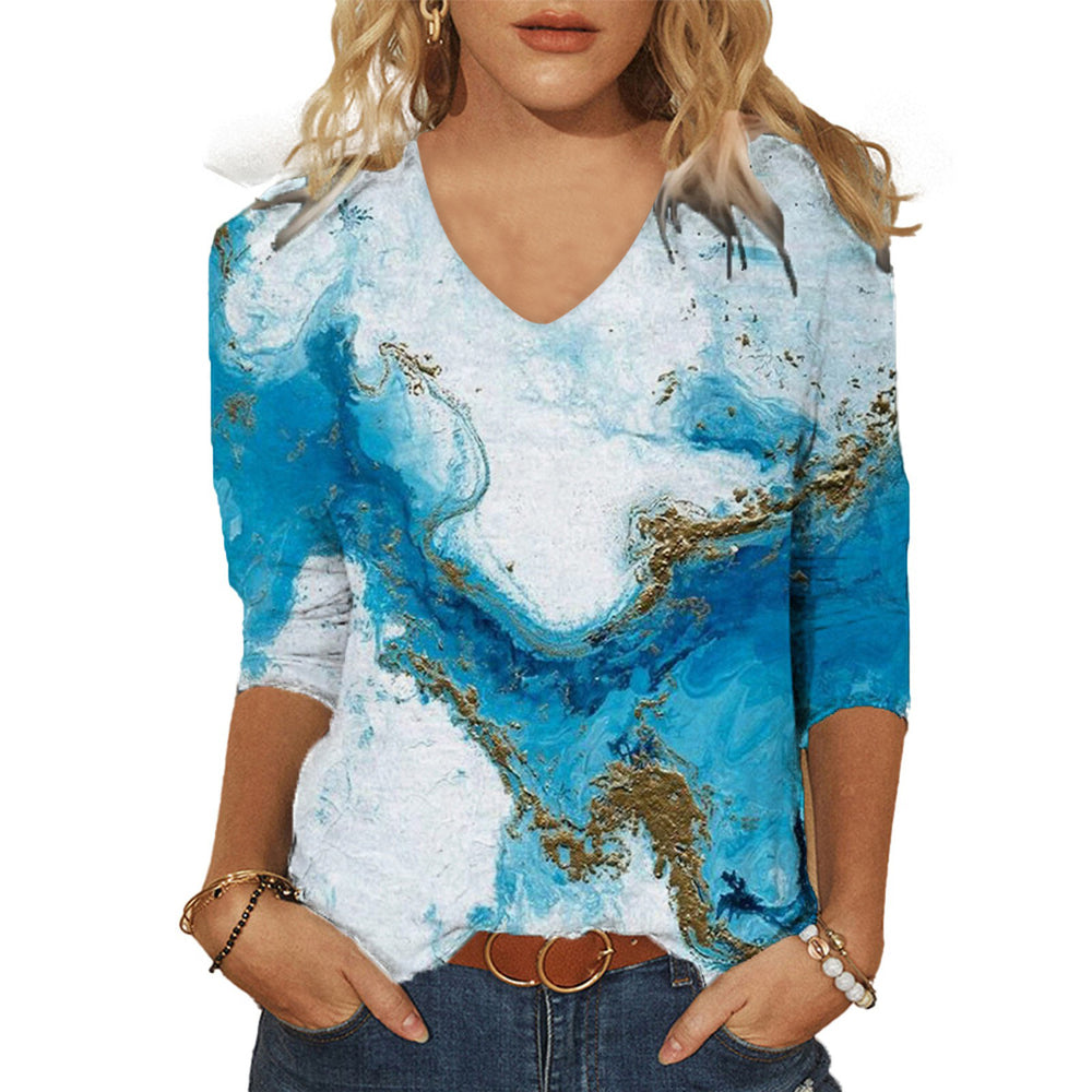 cross-border  women's casual printed v-neck 3/4 sleeve t-shirt top - in stock