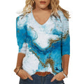 cross-border  women's casual printed v-neck 3/4 sleeve t-shirt top - in stock
