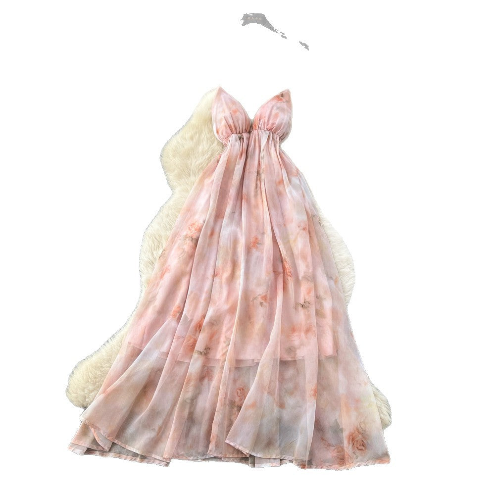 French holiday style halter suspender dress women's summer large backless sleeveless waist rufflesprinting long skirt