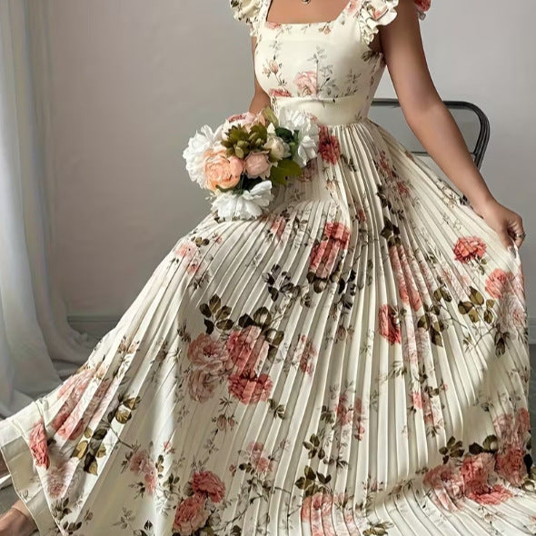cross-border fashion summer new arrival: ethereal v-neck printed dress - perfect for beach vacations, short-sleeve tie-waist maxi dress