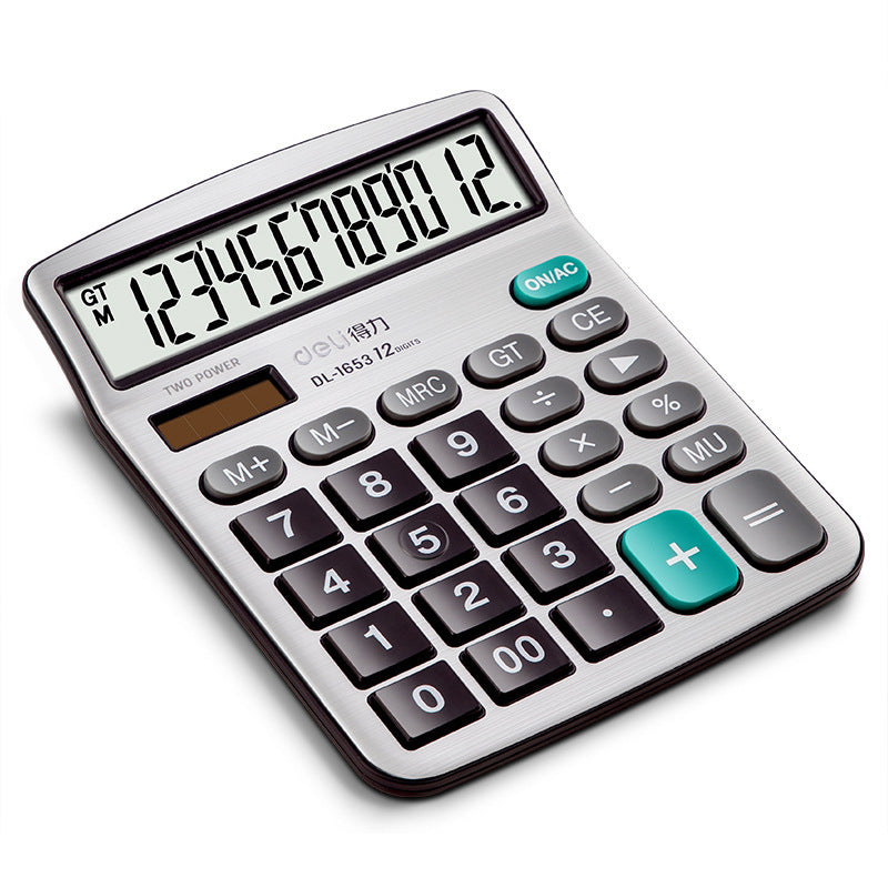 Deli 1653 large button solar dual power desktop calculator 12-bit widescreen financial office calculator