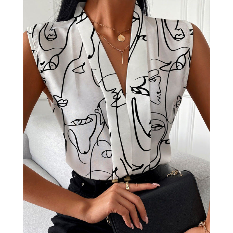 independent station  hot seller: summer european and american fashion casual sleeveless v-neck printed shirt for women