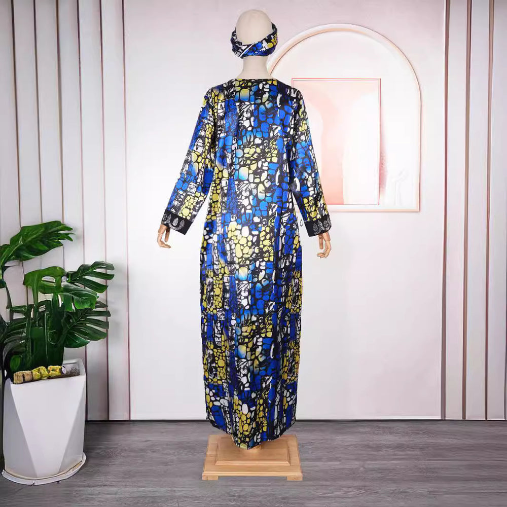 Aliexpress hot-selling crystal satin printed dress with headscarf, rhinestone embellishments, african plus size women's color block robe