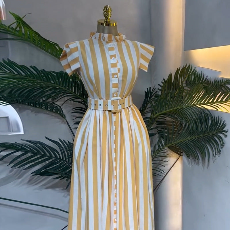 European and american cross-border women's fashion:  spring new arrival - elegant and stylish yellow striped ruffle-trimmed tie-waist dress