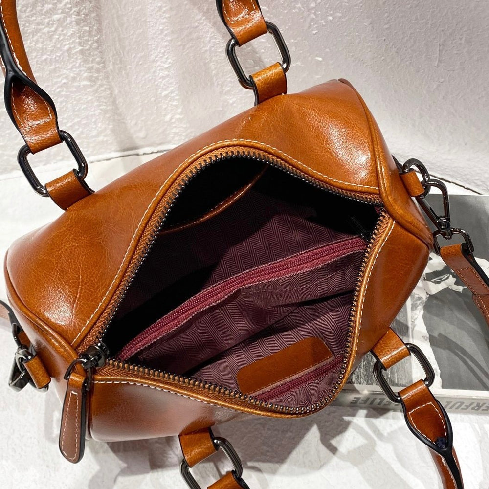 Genuine leather handbag women's 2025 new trendy oil wax cowhide crossbody bag women's bag classic texture boston pillow bag