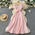 French chic blue floral dress - women's summer korean style bubble high waist slimming a-line maxi dress - elegant