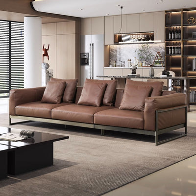 Retro industrial style down leather sofa living room simple straight row italian accessible luxury leather sofa carbon stainless steel frame