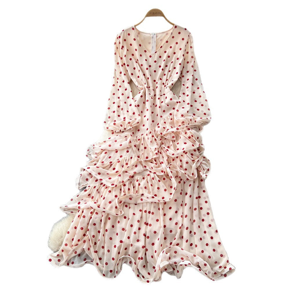 French polka dot v-neck bodycon asymmetrical dress - women's summer cinched waist ruffle trim slimming cake dress - socialite style