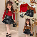 European and american autumn girls' bowknot design off-the-shoulder beaded long-sleeve top and pu leather pleated skirt two-piece set