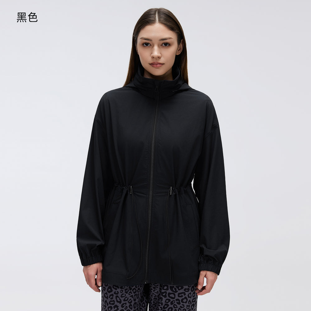 Storable hooded stand-up collar sports outwear women's drawstring waist slimming look medium longcardigan zipper jacket d26066