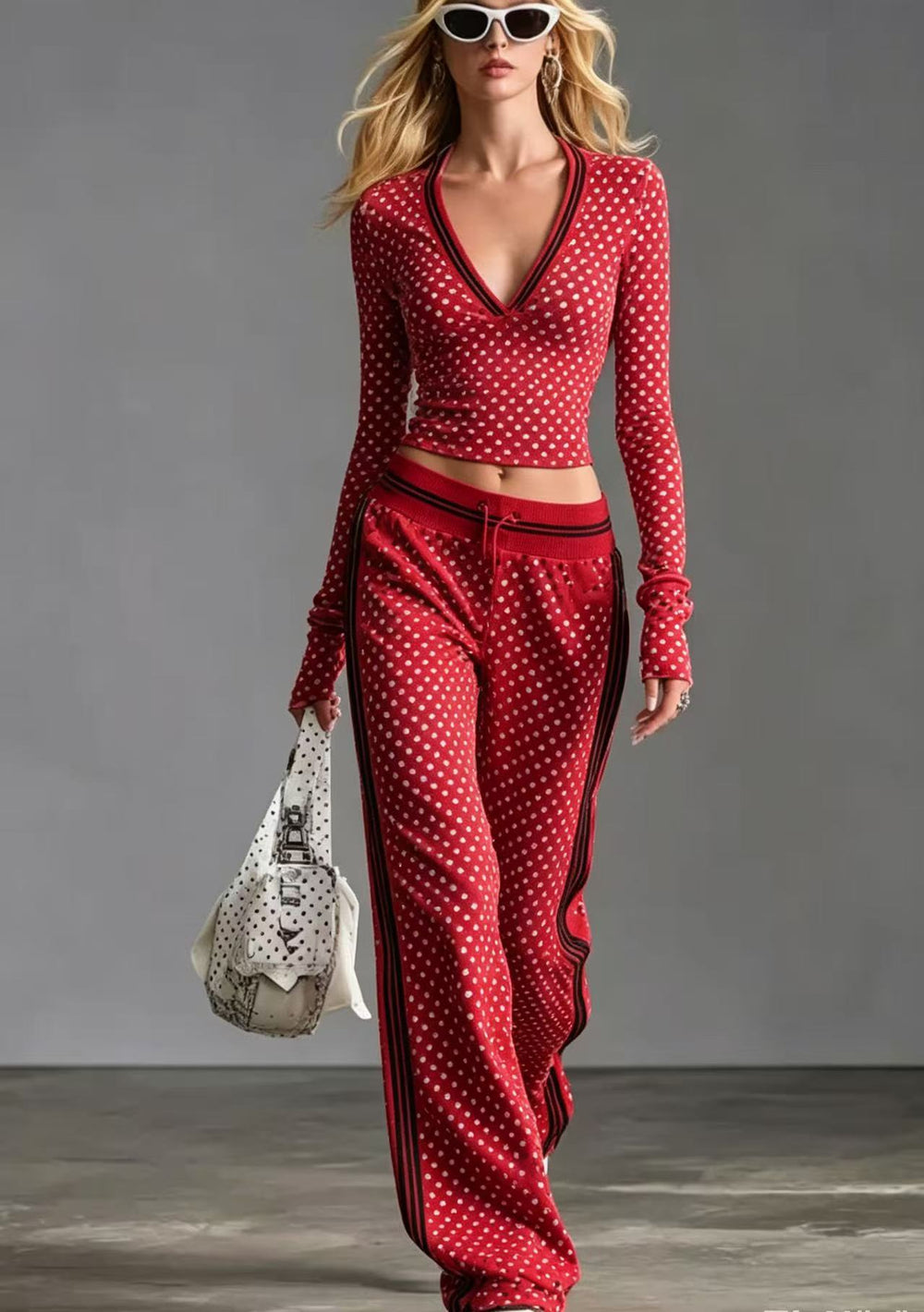 spring new arrival cross-border independent station  fashion v neck polka dot pants long sleeves sportswear suit