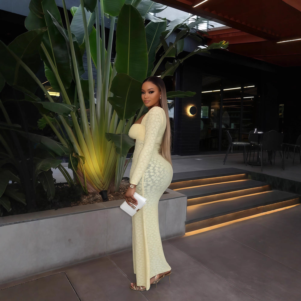 European and american cross-border women's fashion:  autumn new collection - solid color long sleeve bandeau bodycon elegant maxi slip dress
