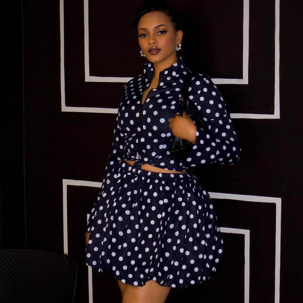 European and American retro polka dot long shirt short women's large size top African temperament new women's shorts two-piece set