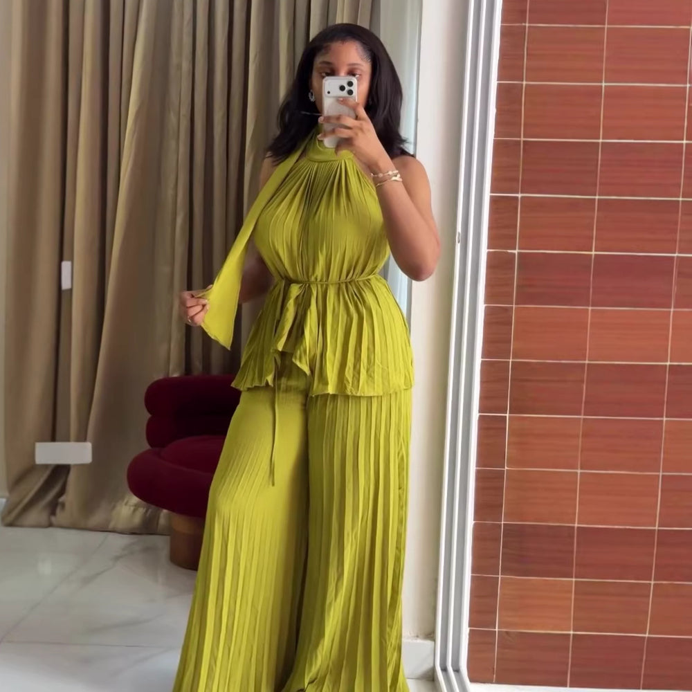 European and american cross-border women's fashion  summer new arrival: elegant halter neck tie-up pleated sleeveless top and wide-leg pants set