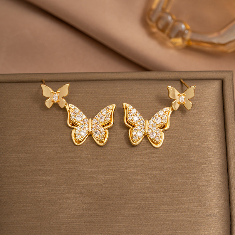 [set] european and american popular butterfly necklace earrings titanium steel light luxury exquisite new high-end sense clavicle chain jewelry